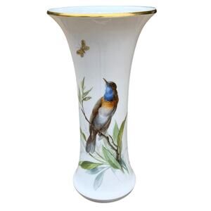 Antique Meissen Hand Painted Bird & Butterfly Porcelain Trumpet Vase 9.5"